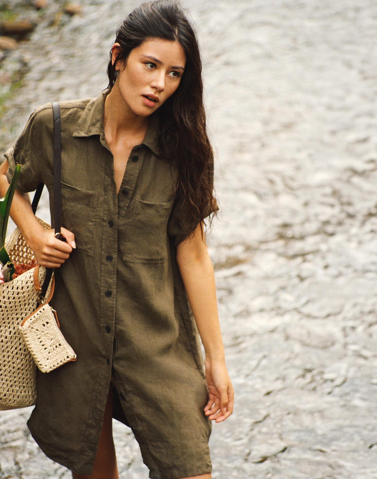 Madewell Relaxed Mini Shirtdress in 100% Linen Faded Ivy