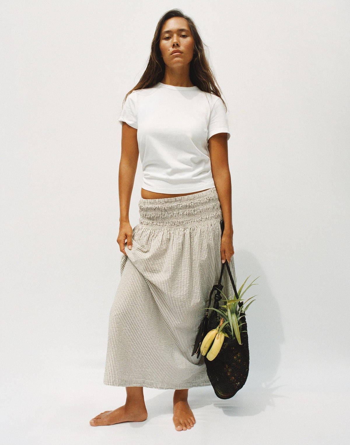 Madewell Sophia Midi Skirt in Seersucker Black Vintage Ivory Yarndye