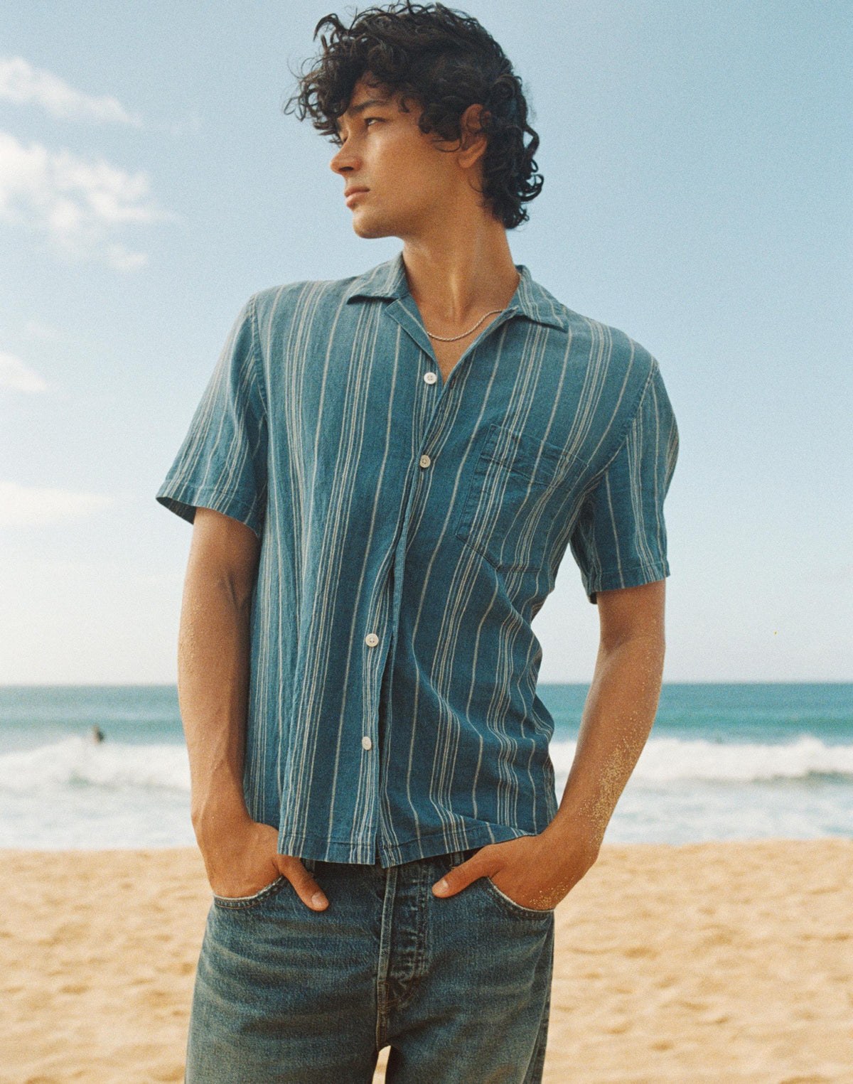 Madewell The Short-Sleeve Camp Shirt in Indigo Linen-Cotton Blend Neal Stripe