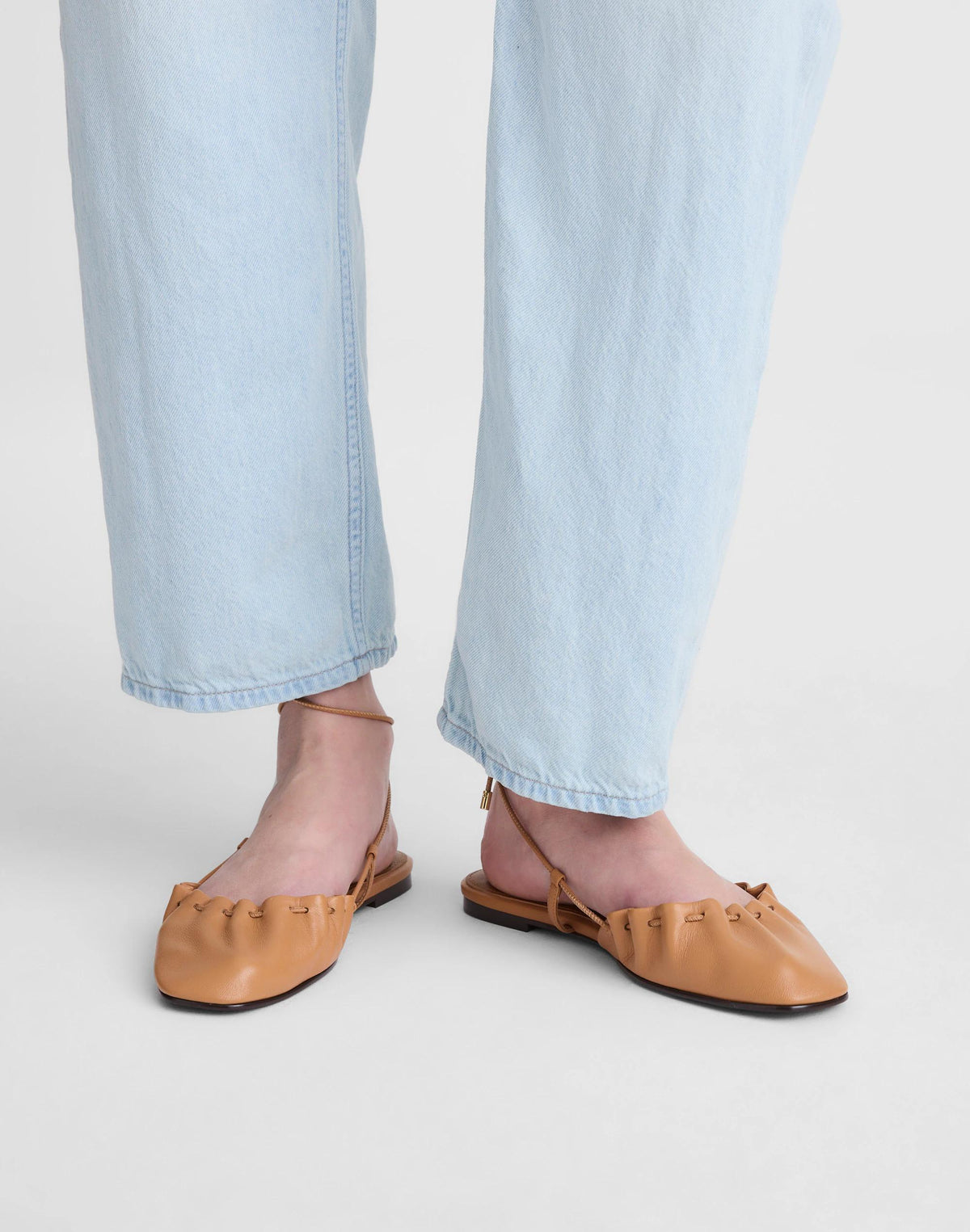 Madewell The Greta Ruched Ankle-Tie Flat in Leather Golden Tan