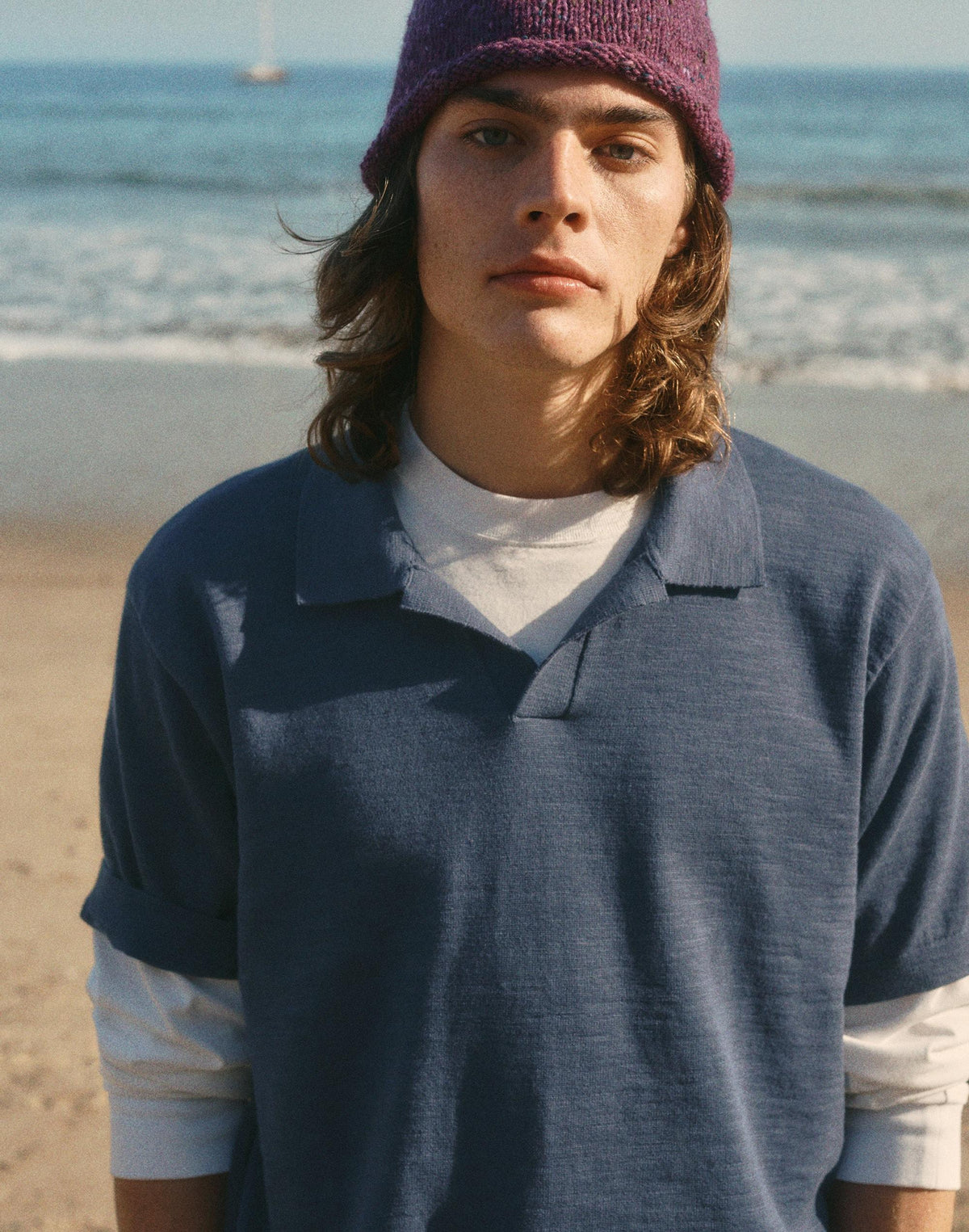 Madewell Johnny-Collar Sweater Polo in Slub Knit Cotton Petrol Navy
