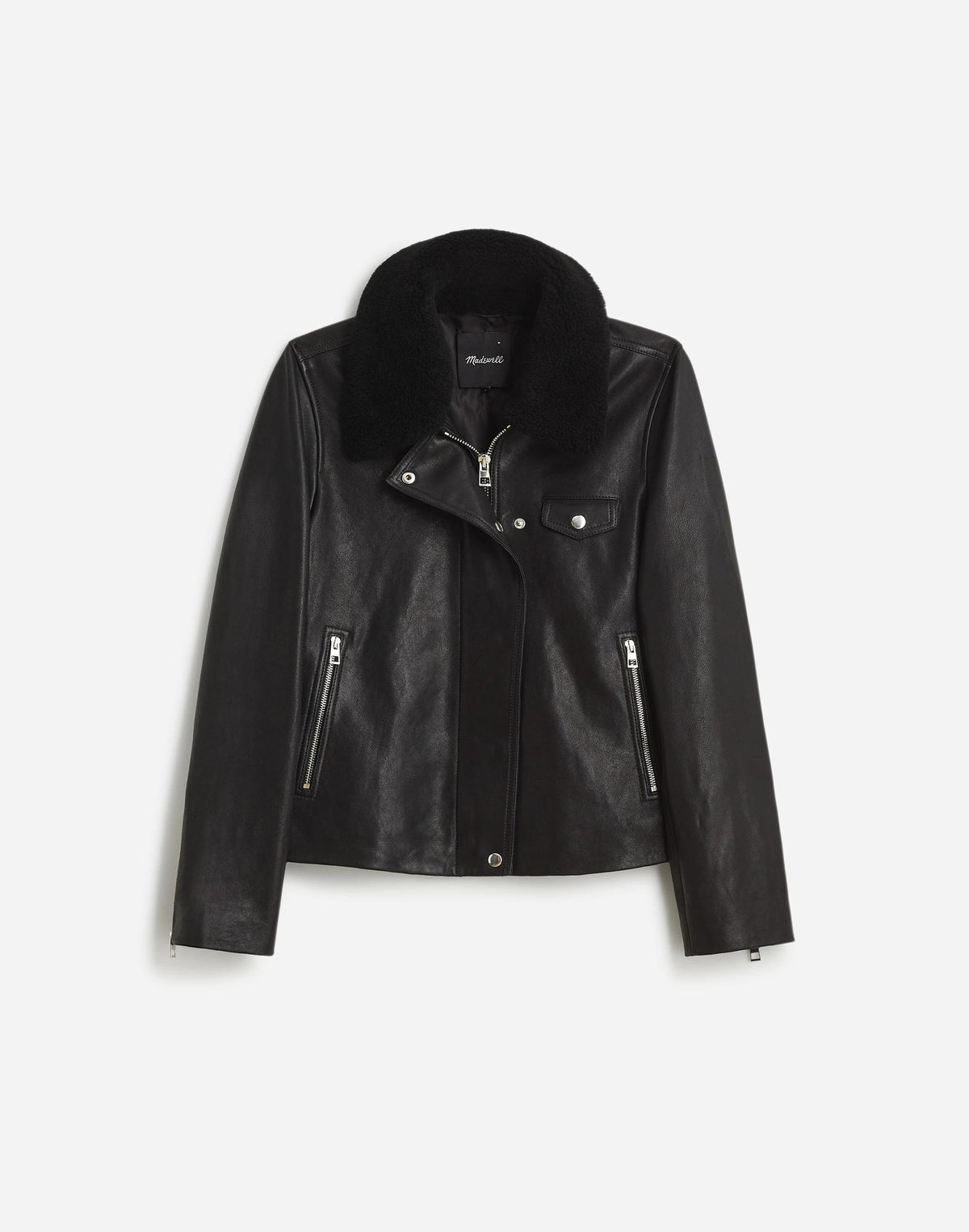 Madewell Sherpa-Collar Asymmetric Zip-Front Jacket in Leather True Black