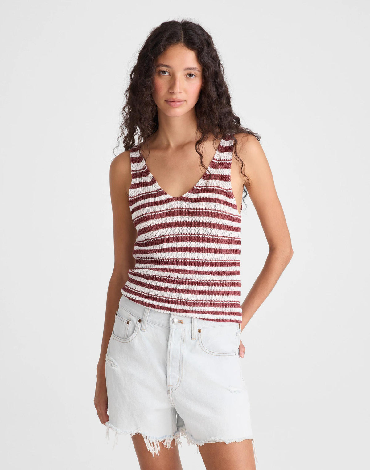 Madewell V-Neck Tank in 100% Linen Ivory And Dusty Merlot