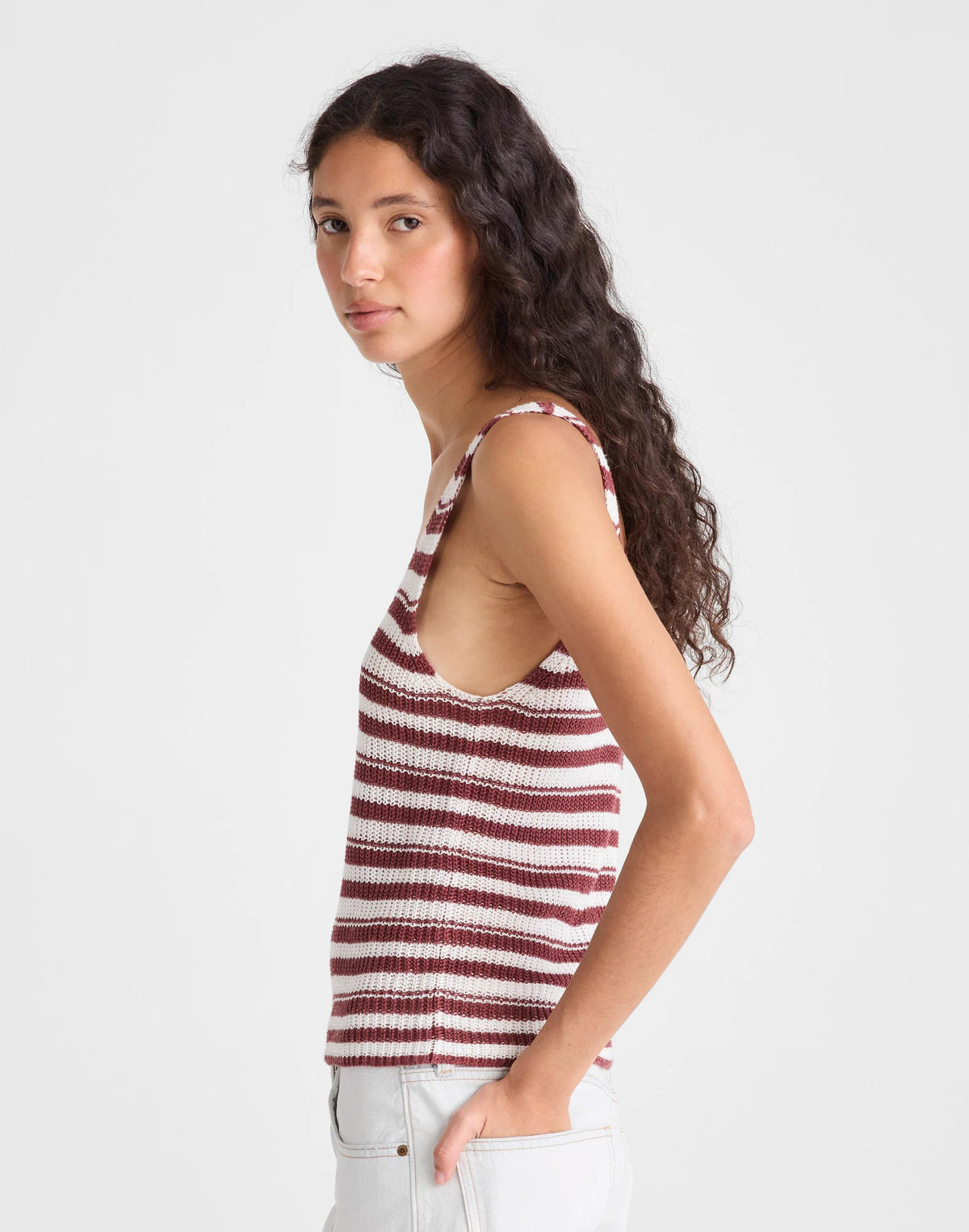 Madewell V-Neck Tank in 100% Linen Ivory And Dusty Merlot