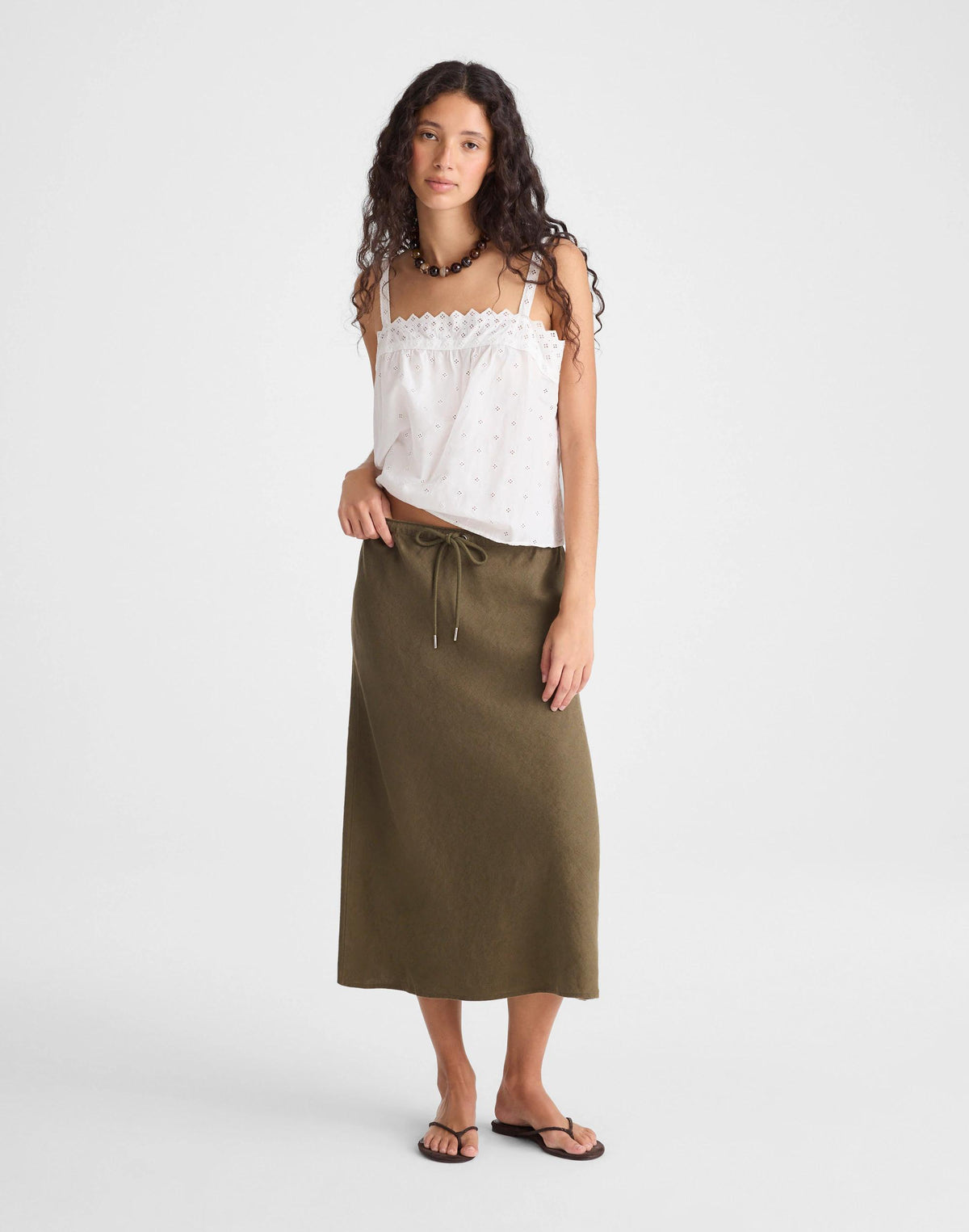 Madewell Drawstring Slip Skirt in 100% Linen Faded Ivy