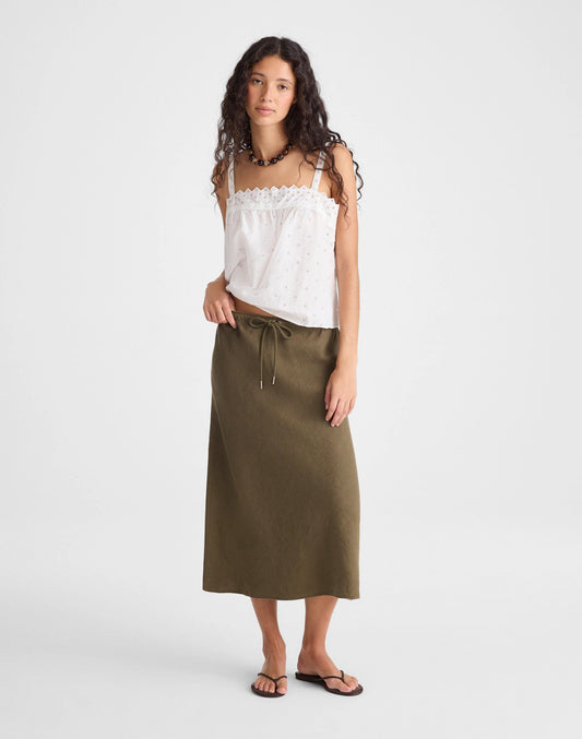 Madewell Drawstring Slip Skirt in 100% Linen Faded Ivy