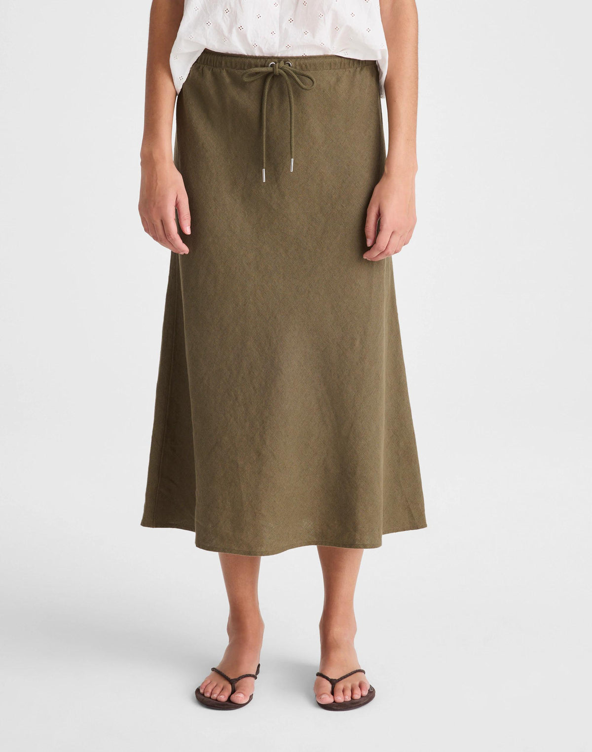 Madewell Drawstring Slip Skirt in 100% Linen Faded Ivy