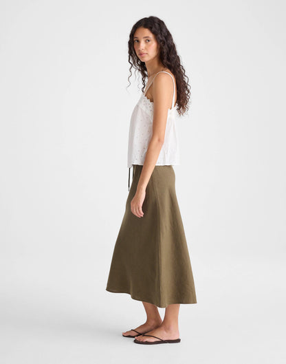 Madewell Drawstring Slip Skirt in 100% Linen Faded Ivy
