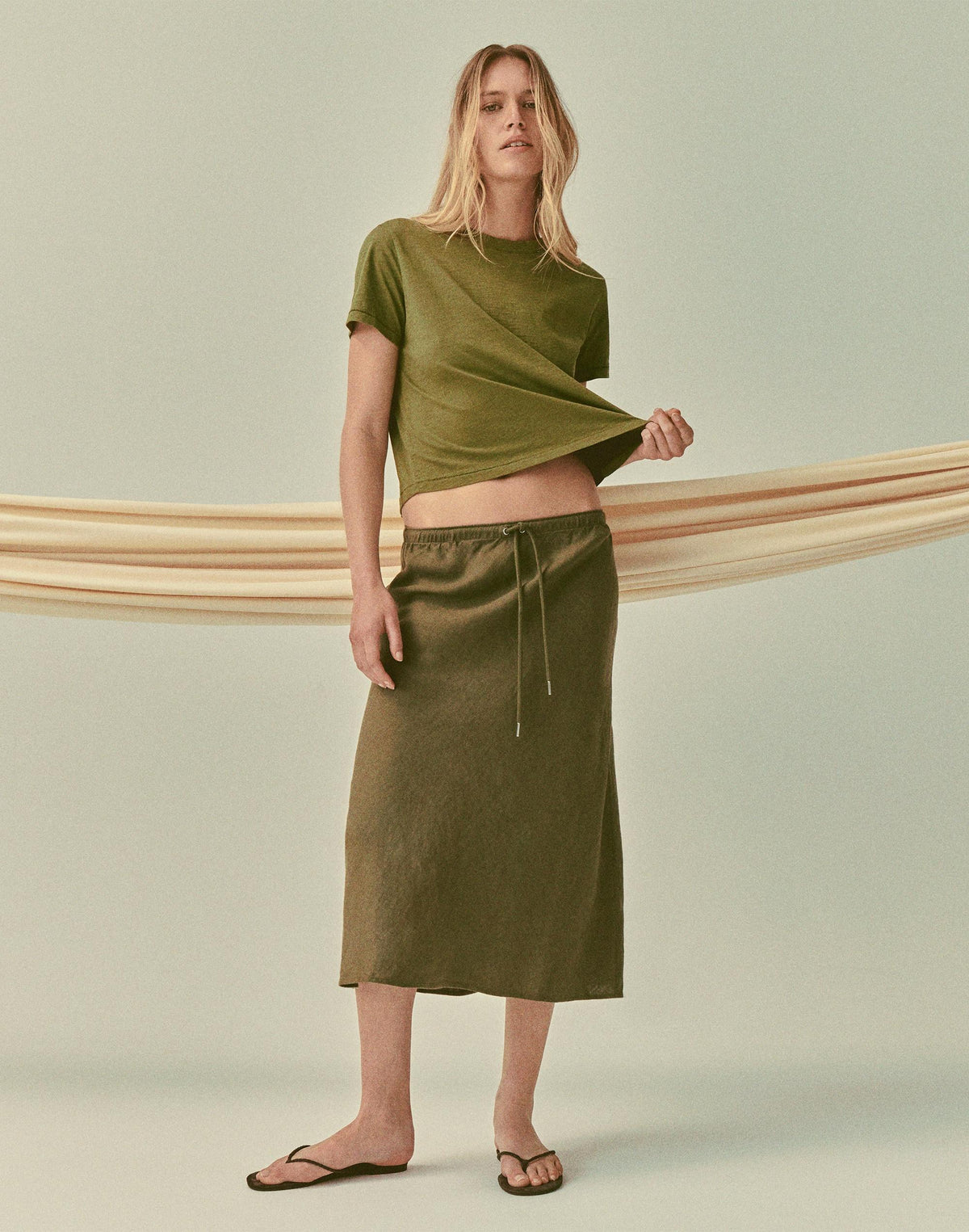 Madewell Drawstring Slip Skirt in 100% Linen Faded Ivy
