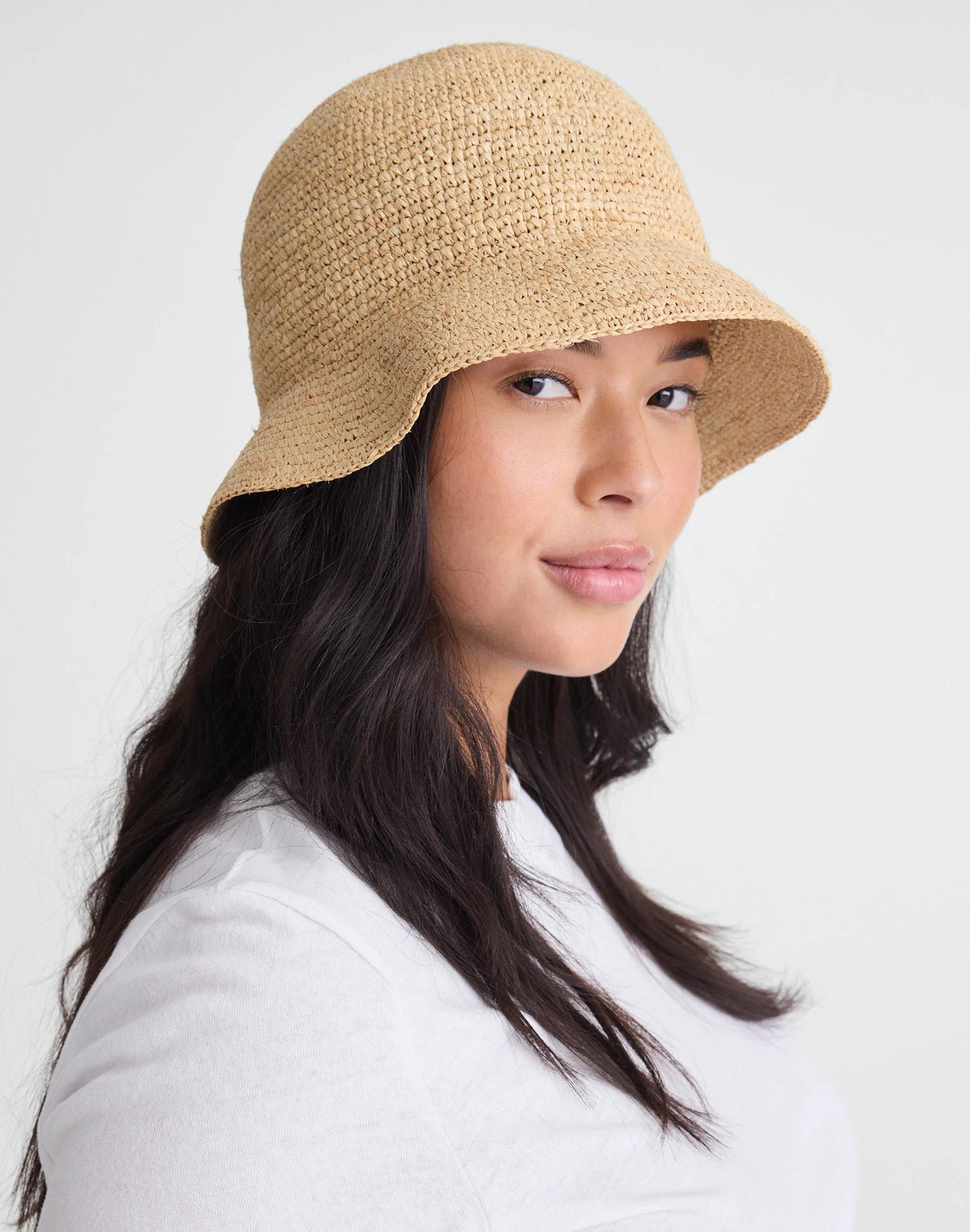 Madewell Hand-Crocheted Seamless Bucket Hat in Raffia Golden Khaki