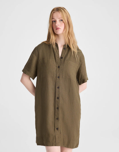 Madewell Relaxed Mini Shirtdress in 100% Linen Faded Ivy