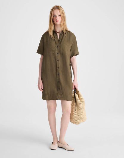 Madewell Relaxed Mini Shirtdress in 100% Linen Faded Ivy