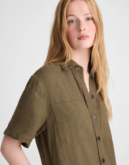 Madewell Relaxed Mini Shirtdress in 100% Linen Faded Ivy