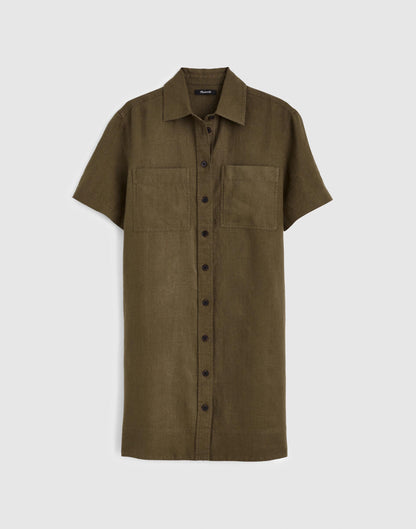 Madewell Relaxed Mini Shirtdress in 100% Linen Faded Ivy