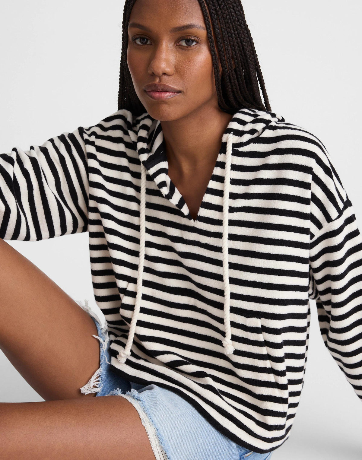 Madewell Drawstring Hoodie in Terry Black Ivory