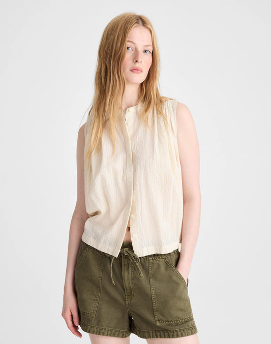 Madewell Shirred Button-Up Sleeveless Blouse Natural Seersucker