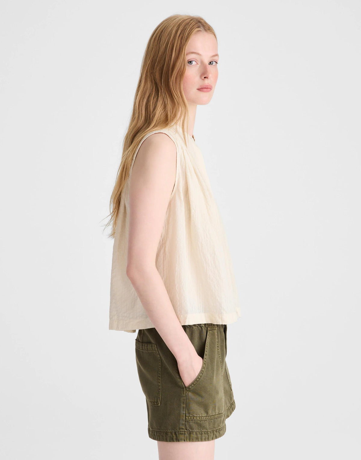 Madewell Shirred Button-Up Sleeveless Blouse Natural Seersucker