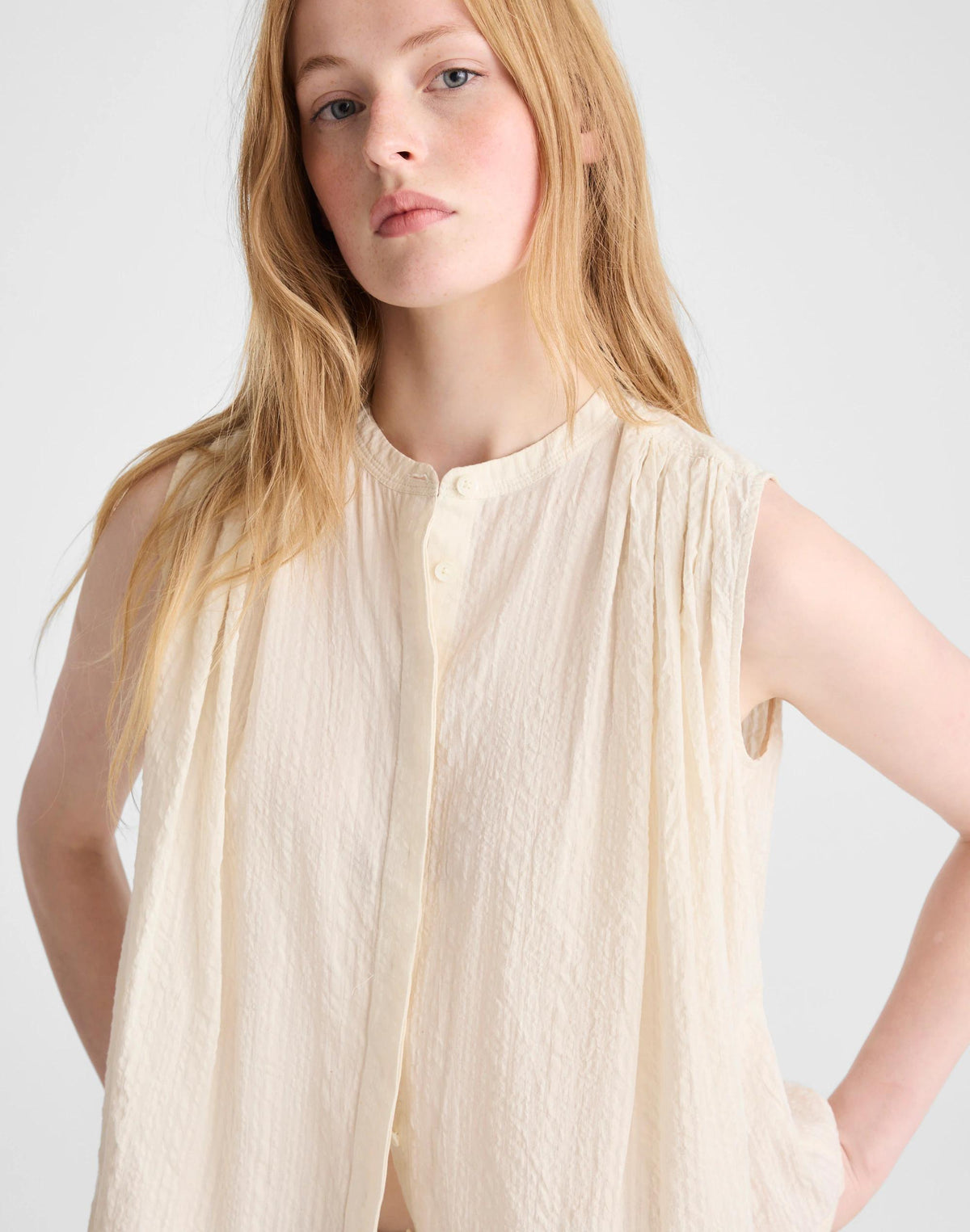 Madewell Shirred Button-Up Sleeveless Blouse Natural Seersucker