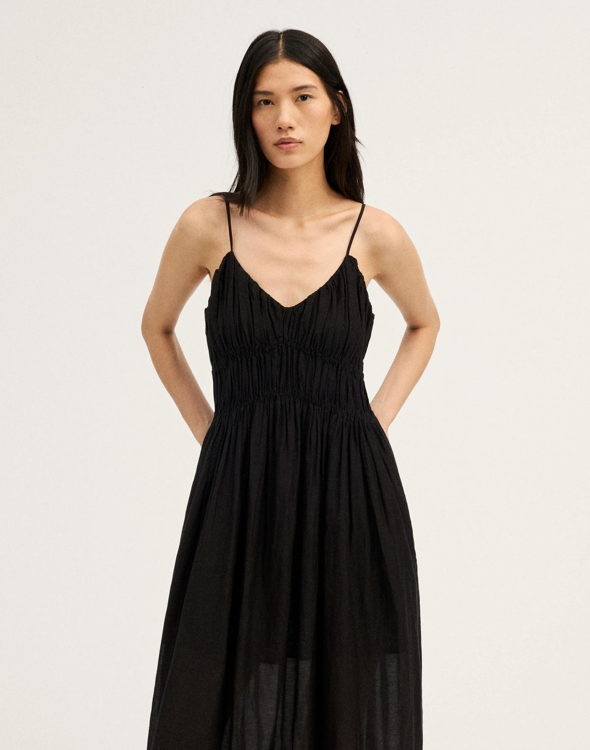 Madewell Ruched V-Neck Sleeveless Maxi Dress Jet Black