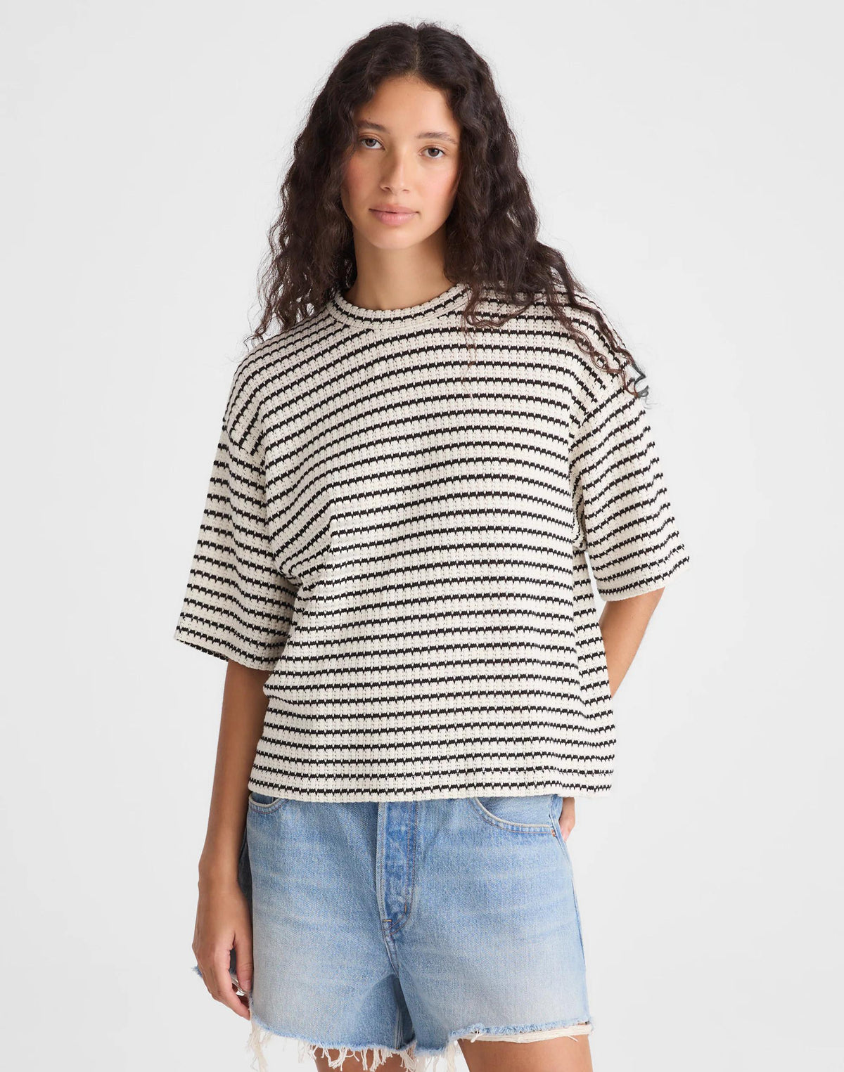 Madewell The Boxy Crop Tee in Allday Jersey Ivory And Black Tuck Stitch