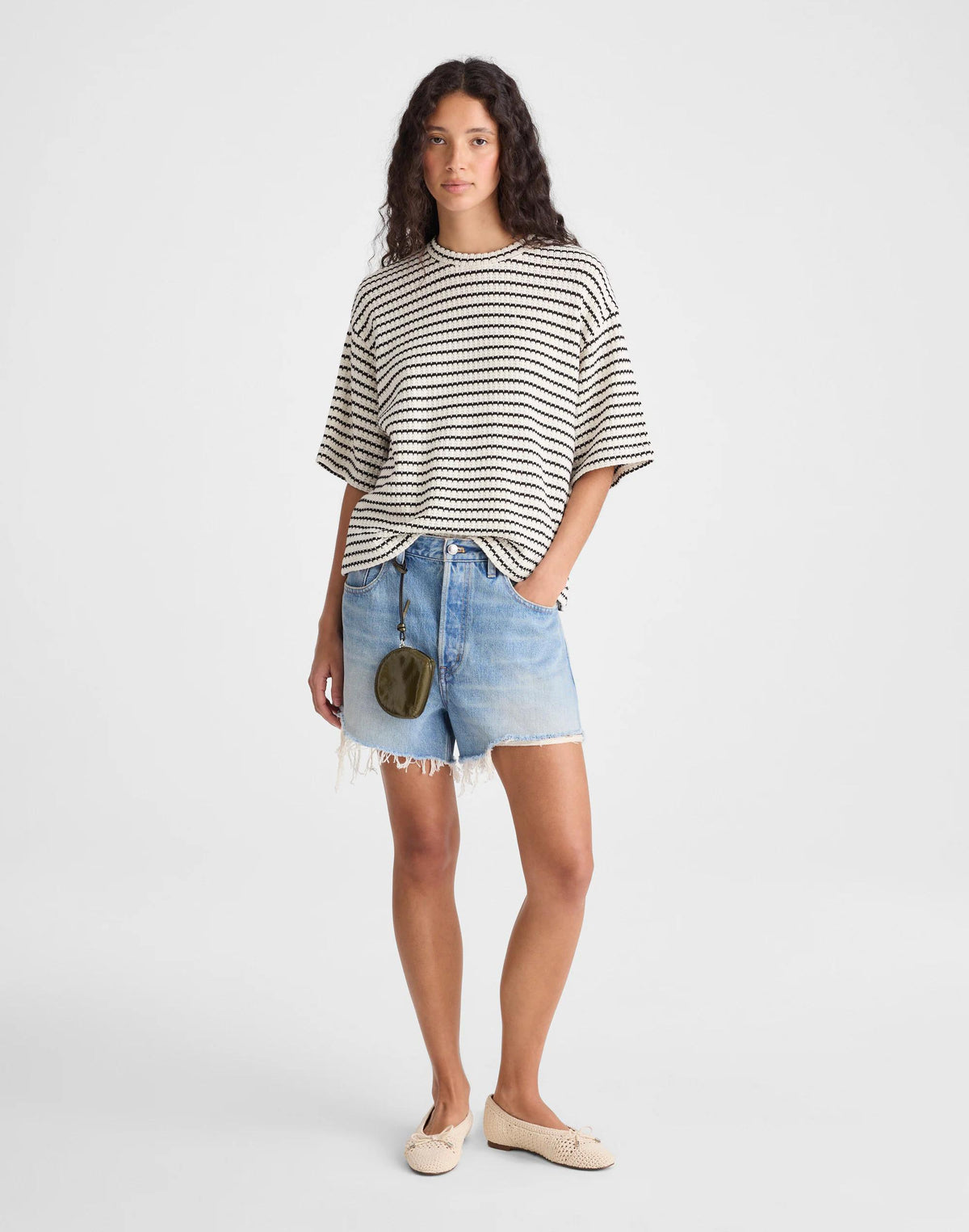 Madewell The Boxy Crop Tee in Allday Jersey Ivory And Black Tuck Stitch
