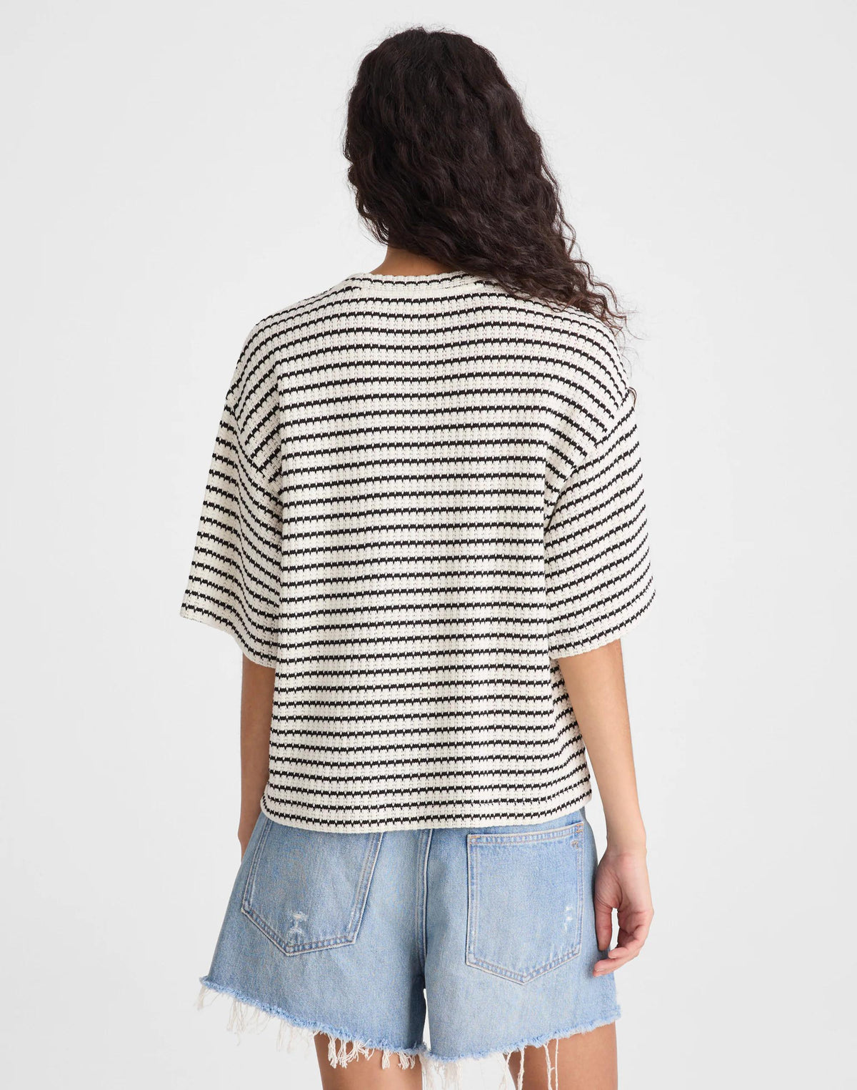 Madewell The Boxy Crop Tee in Allday Jersey Ivory And Black Tuck Stitch
