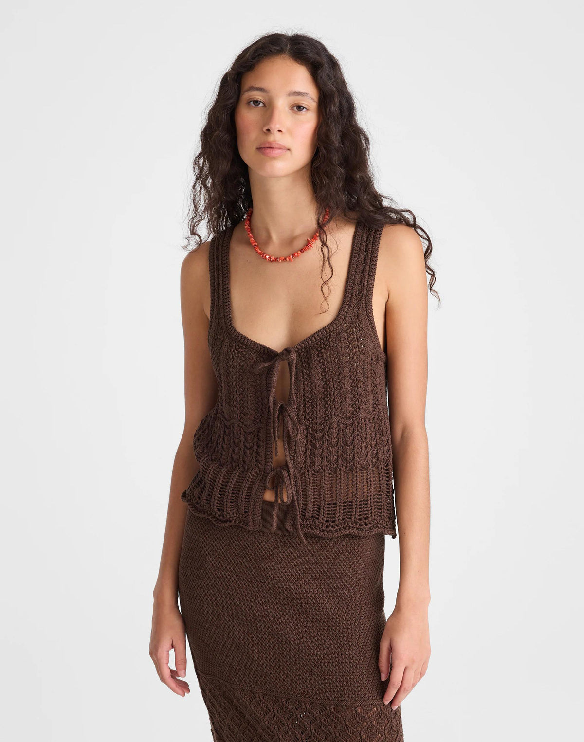 Madewell Pointelle-Stitch Tie-Front Sweater Tank in 100% Cotton Dark Brown