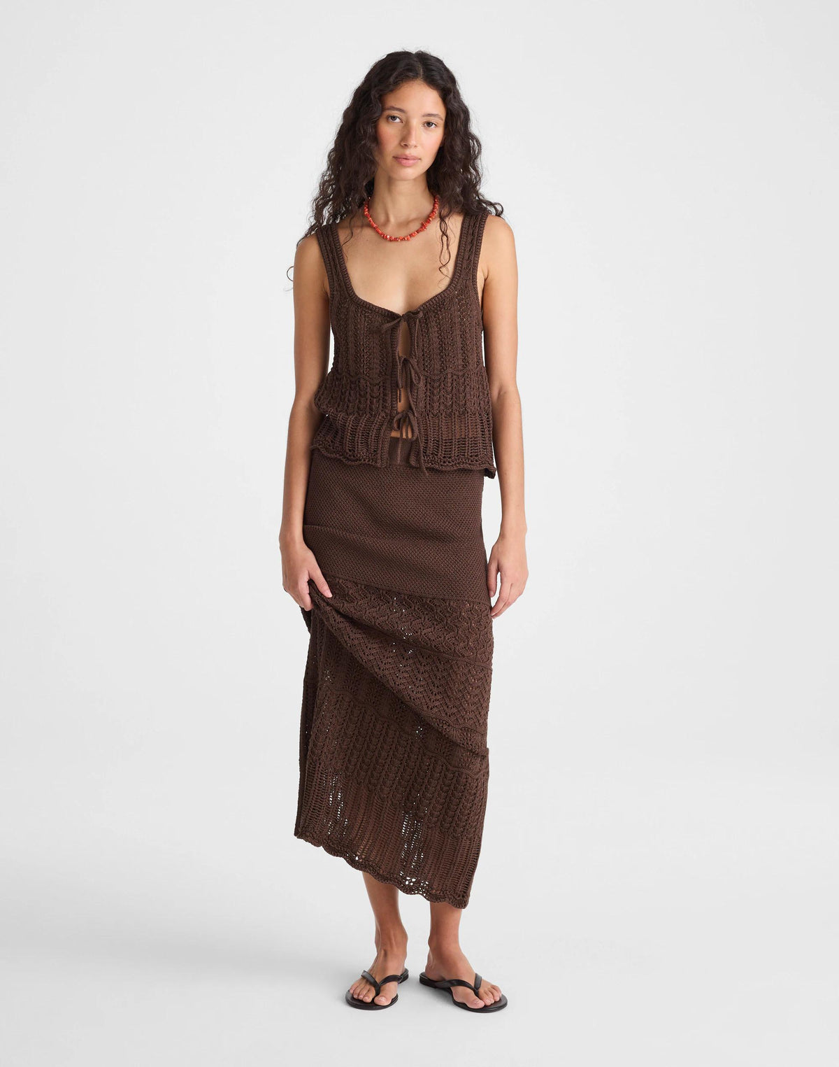 Madewell Pointelle-Stitch Tie-Front Sweater Tank in 100% Cotton Dark Brown