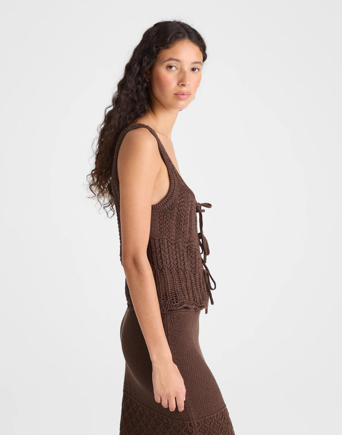 Madewell Pointelle-Stitch Tie-Front Sweater Tank in 100% Cotton Dark Brown