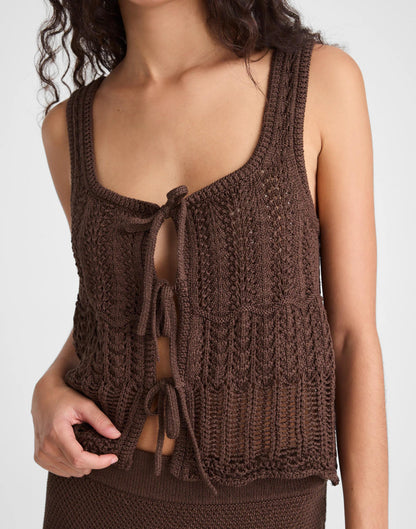 Madewell Pointelle-Stitch Tie-Front Sweater Tank in 100% Cotton Dark Brown