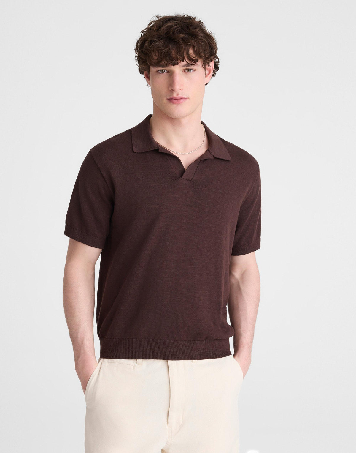 Madewell Johnny-Collar Sweater Polo in Slub Knit Cotton Coffee Bean