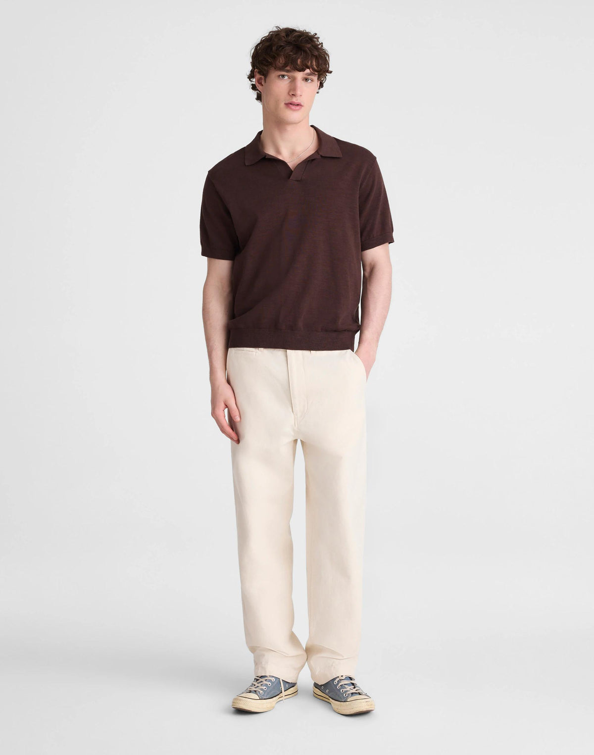 Madewell Johnny-Collar Sweater Polo in Slub Knit Cotton Coffee Bean
