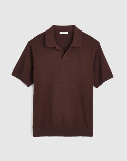 Madewell Johnny-Collar Sweater Polo in Slub Knit Cotton Coffee Bean