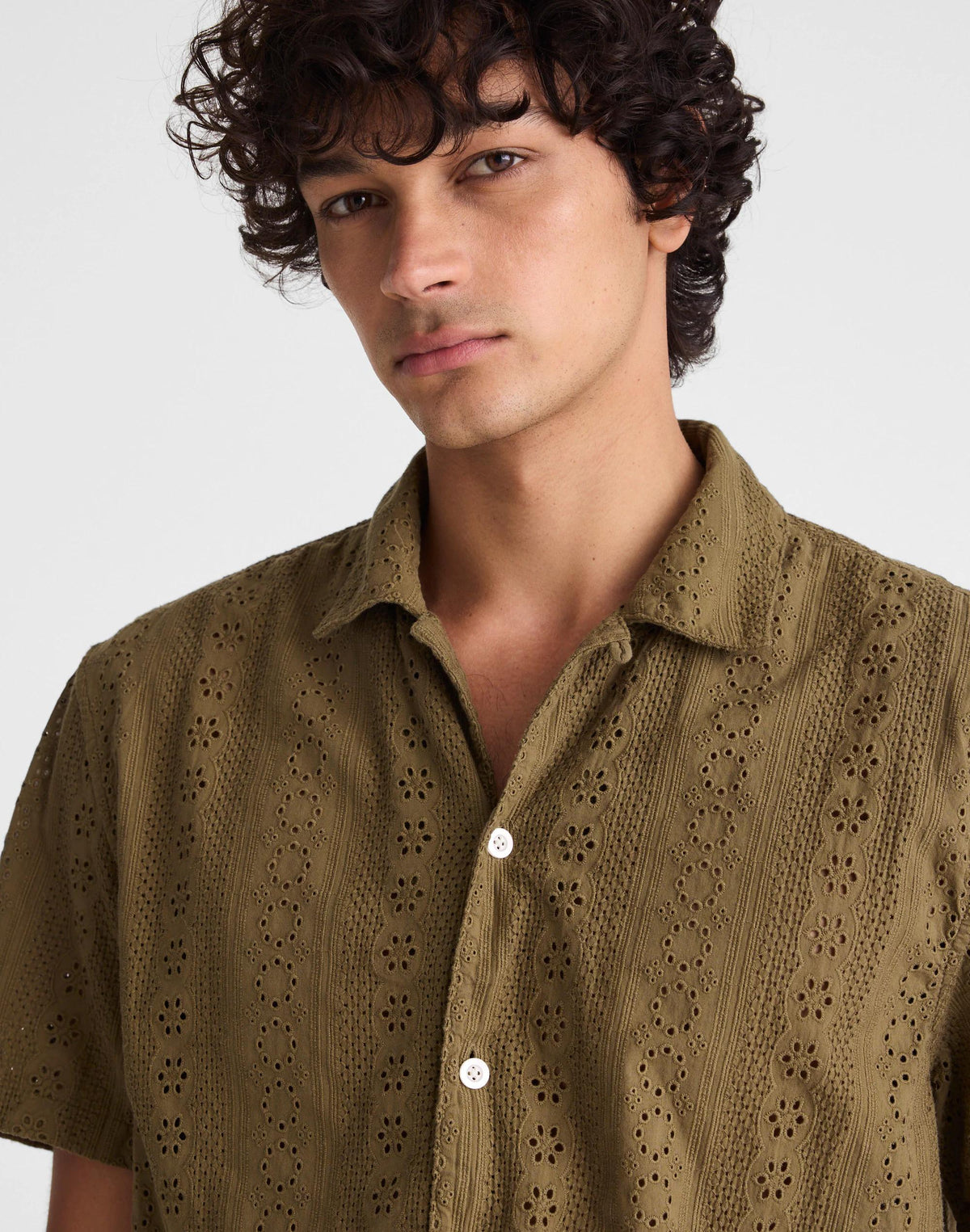 Madewell Camp-Collar Short-Sleeve Shirt in Embroidered Cotton Chateau Olive
