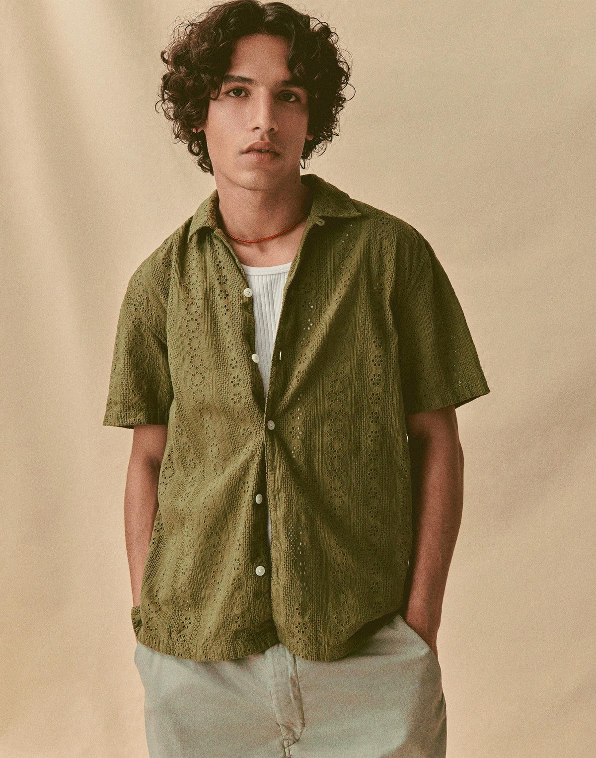 Madewell Camp-Collar Short-Sleeve Shirt in Embroidered Cotton Chateau Olive