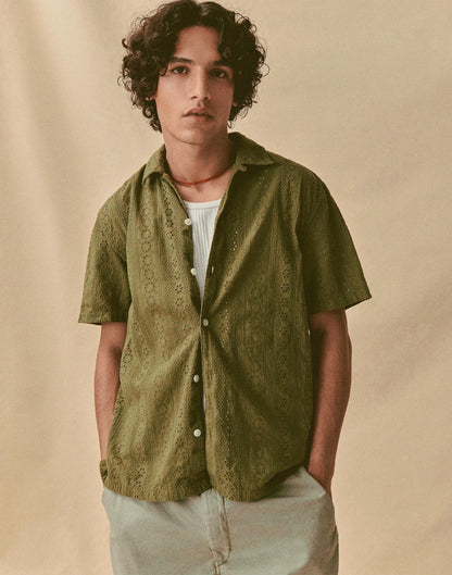Madewell Camp-Collar Short-Sleeve Shirt in Embroidered Cotton Chateau Olive