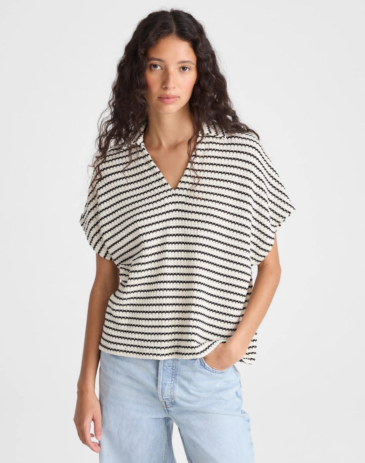 Madewell Textured-Knit Johnny-Collar Shirt Ivory And Black Tuck Stitch