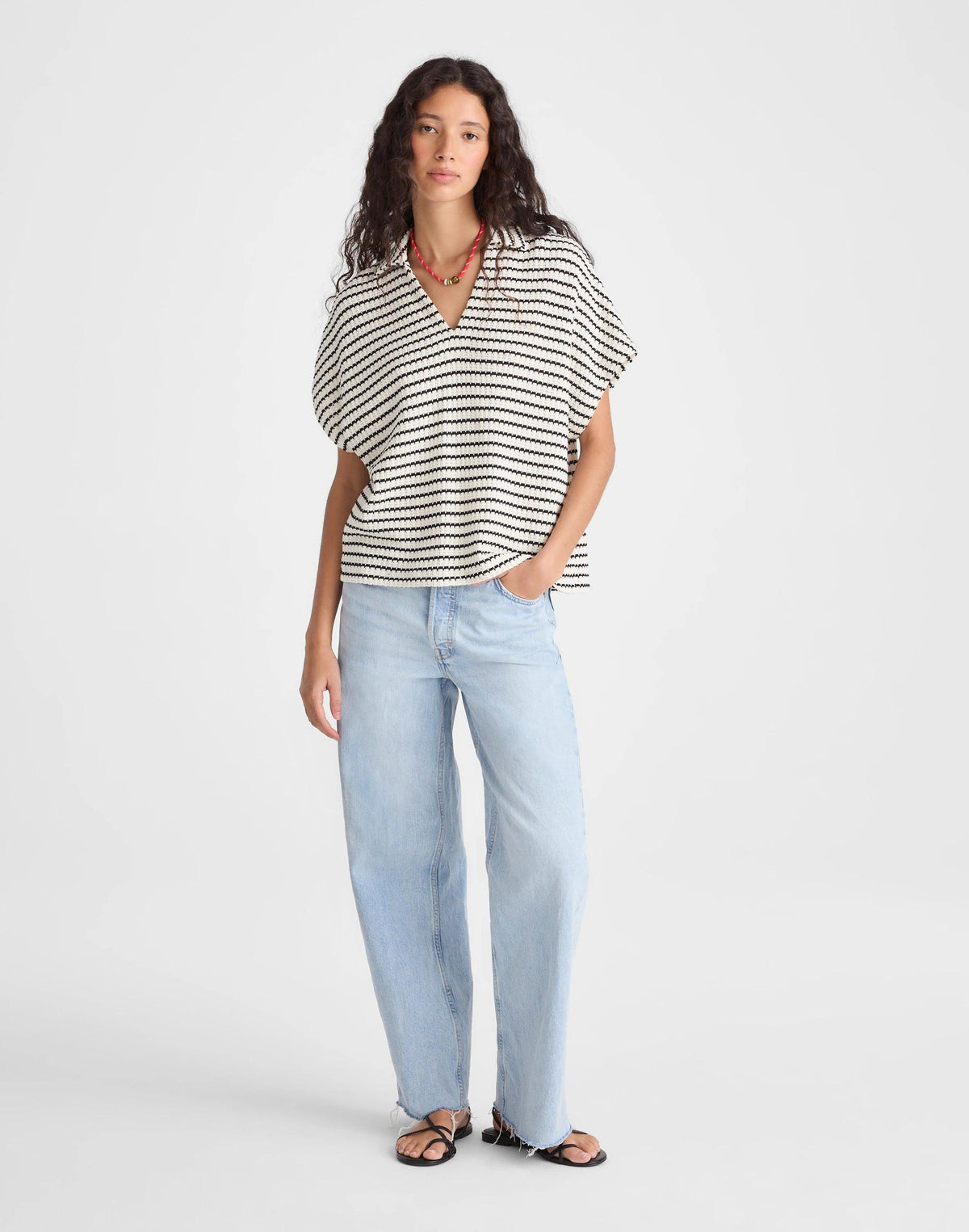 Madewell Textured-Knit Johnny-Collar Shirt Ivory And Black Tuck Stitch