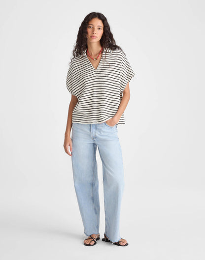 Madewell Textured-Knit Johnny-Collar Shirt Ivory And Black Tuck Stitch