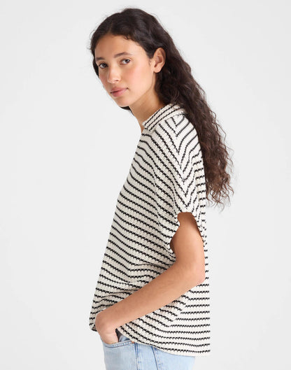 Madewell Textured-Knit Johnny-Collar Shirt Ivory And Black Tuck Stitch