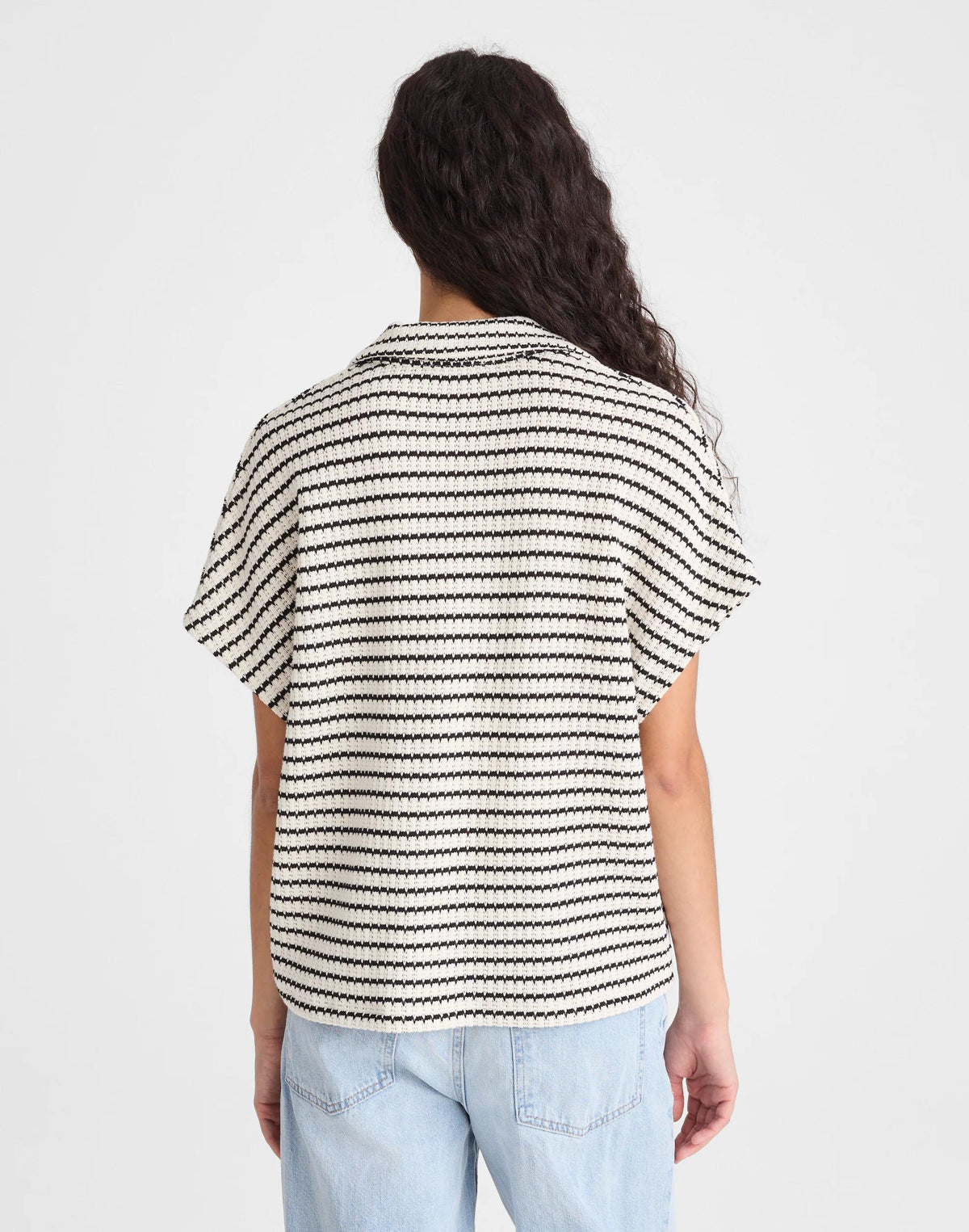 Madewell Textured-Knit Johnny-Collar Shirt Ivory And Black Tuck Stitch
