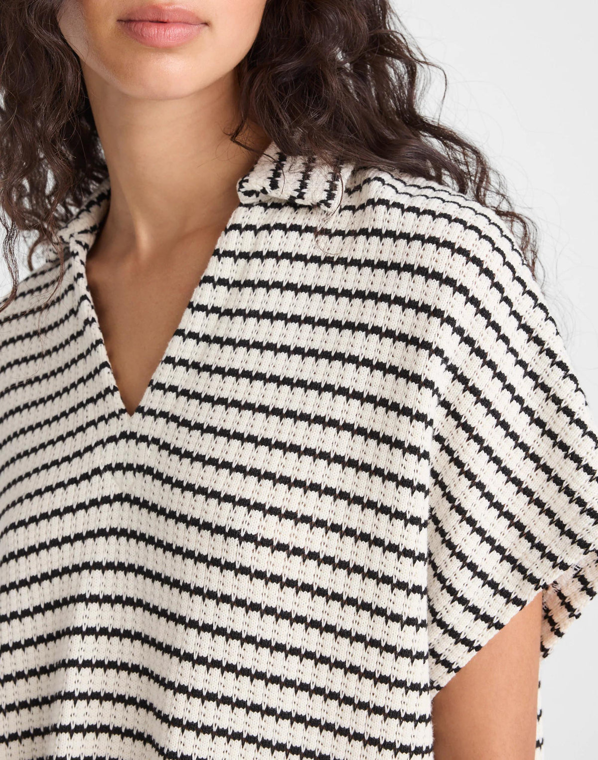 Madewell Textured-Knit Johnny-Collar Shirt Ivory And Black Tuck Stitch
