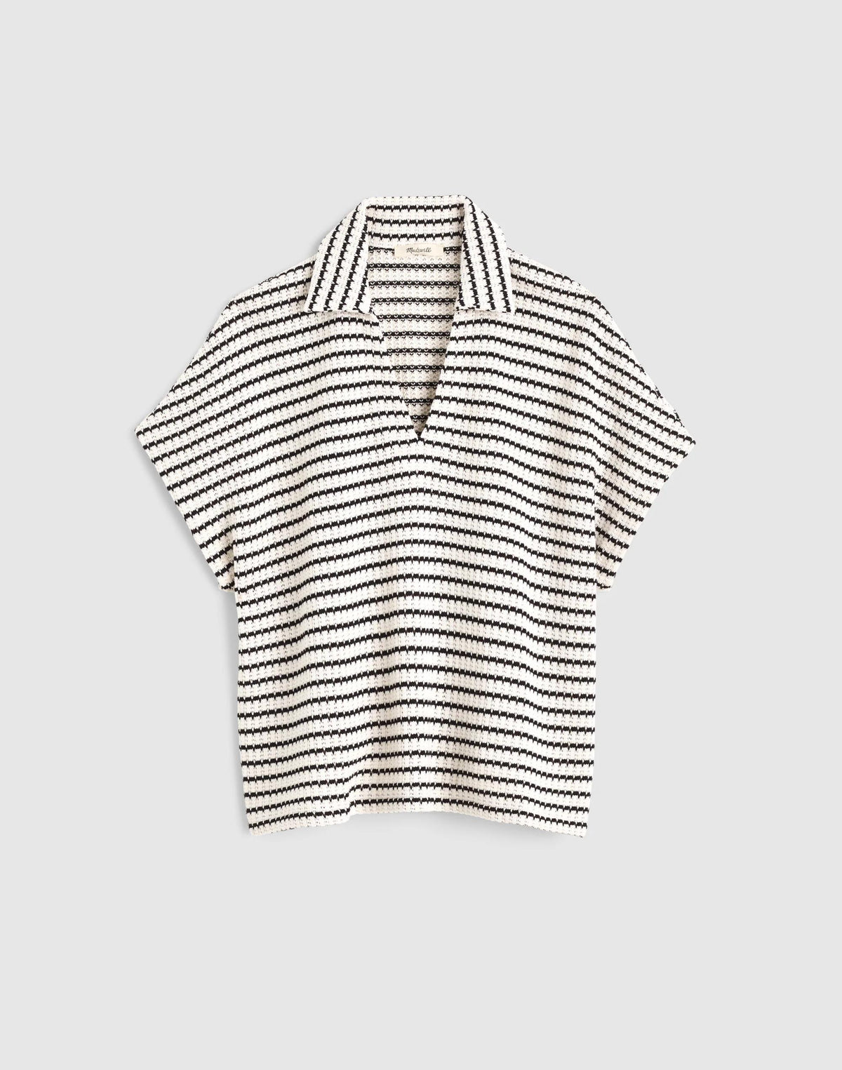Madewell Textured-Knit Johnny-Collar Shirt Ivory And Black Tuck Stitch