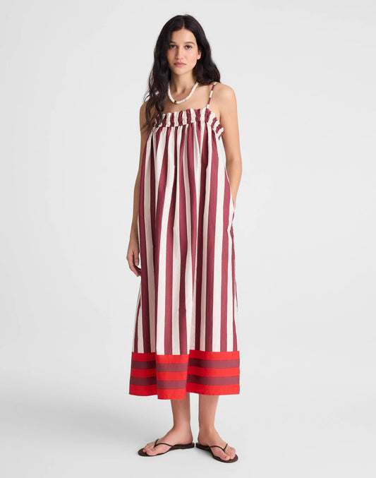 Madewell Ruffle A-Line Midi Dress in Stripe Dusty Merlot