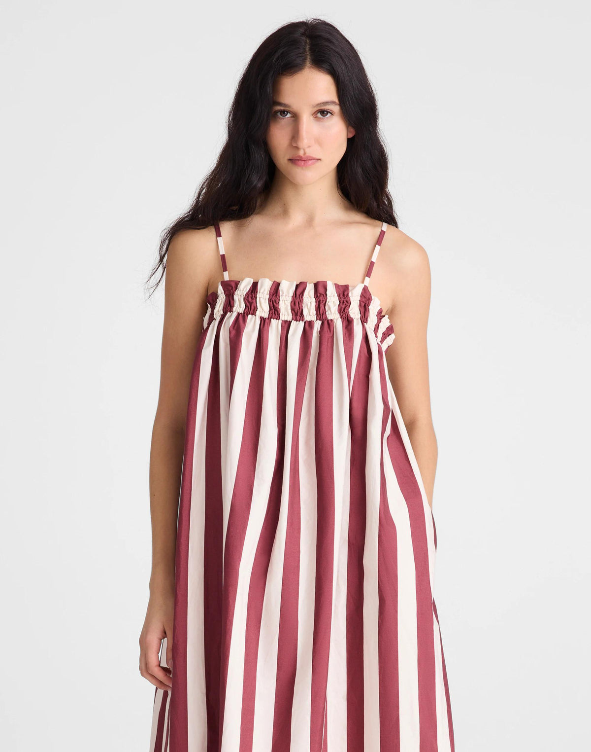 Madewell Ruffle A-Line Midi Dress in Stripe Dusty Merlot