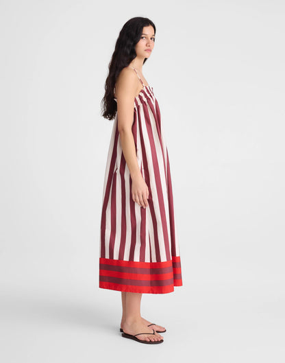 Madewell Ruffle A-Line Midi Dress in Stripe Dusty Merlot