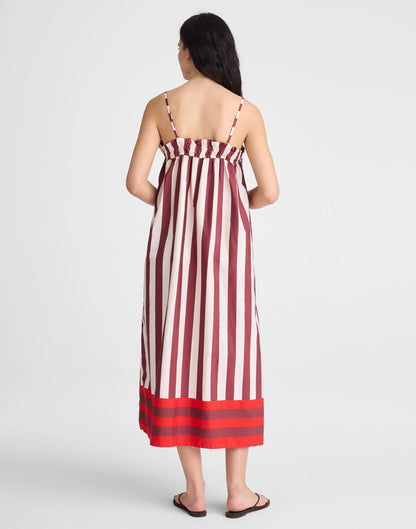 Madewell Ruffle A-Line Midi Dress in Stripe Dusty Merlot