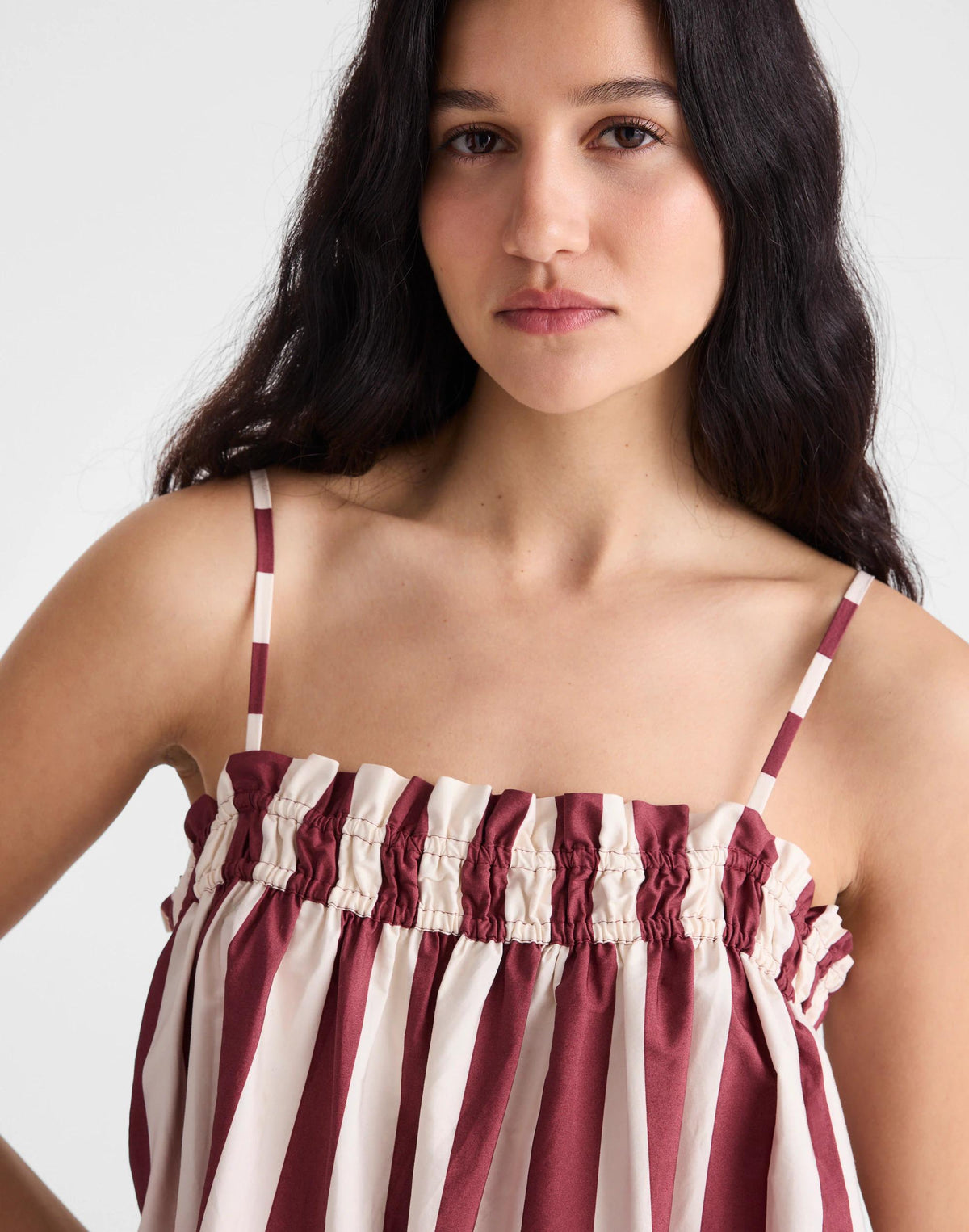 Madewell Ruffle A-Line Midi Dress in Stripe Dusty Merlot