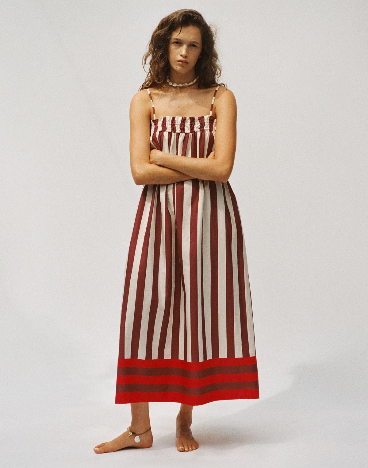 Madewell Ruffle A-Line Midi Dress in Stripe Dusty Merlot