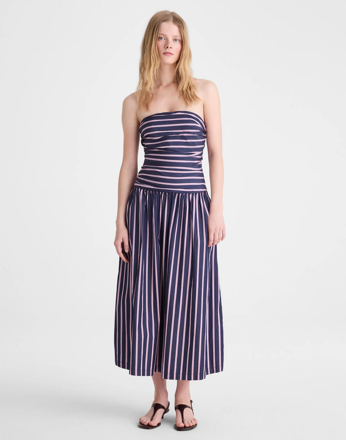 Madewell Strapless Ruched Midi Dress in Poplin Classic Indigo
